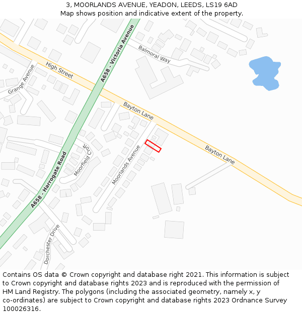 3, MOORLANDS AVENUE, YEADON, LEEDS, LS19 6AD: Location map and indicative extent of plot