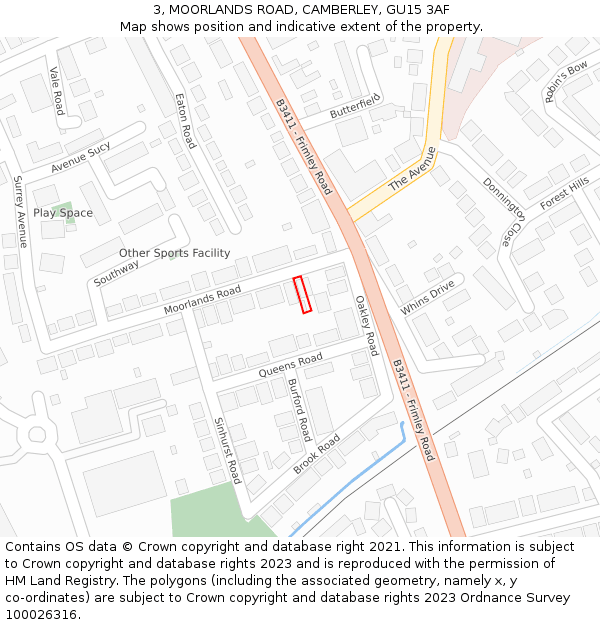 3, MOORLANDS ROAD, CAMBERLEY, GU15 3AF: Location map and indicative extent of plot