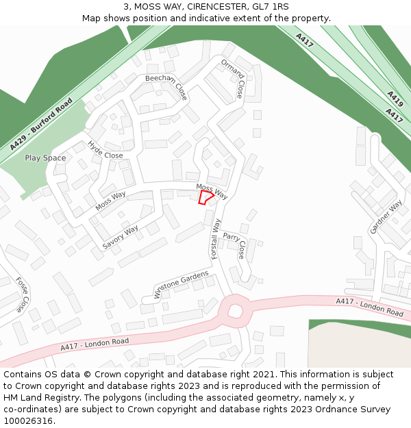 3, MOSS WAY, CIRENCESTER, GL7 1RS: Location map and indicative extent of plot