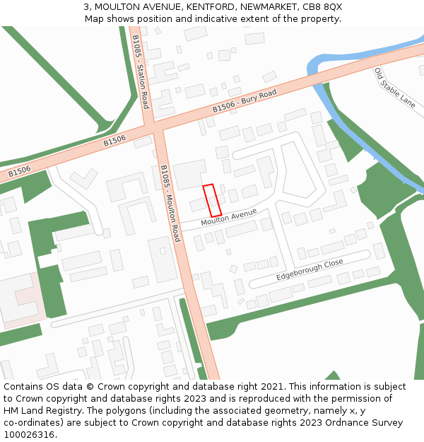 3, MOULTON AVENUE, KENTFORD, NEWMARKET, CB8 8QX: Location map and indicative extent of plot