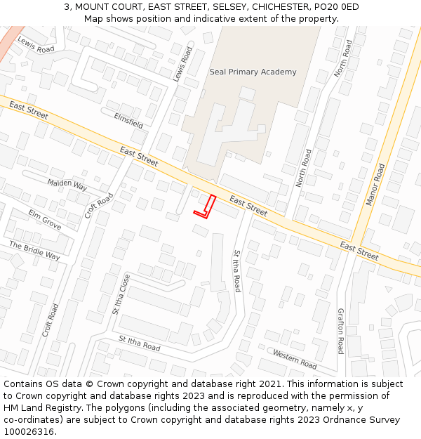 3, MOUNT COURT, EAST STREET, SELSEY, CHICHESTER, PO20 0ED: Location map and indicative extent of plot