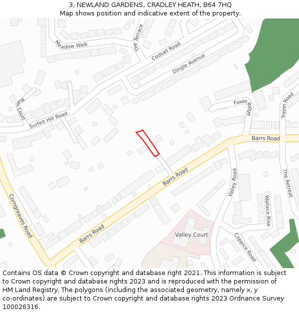 3, NEWLAND GARDENS, CRADLEY HEATH, B64 7HQ: Location map and indicative extent of plot
