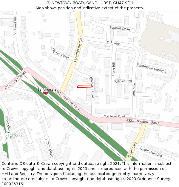 3, NEWTOWN ROAD, SANDHURST, GU47 9EH: Location map and indicative extent of plot