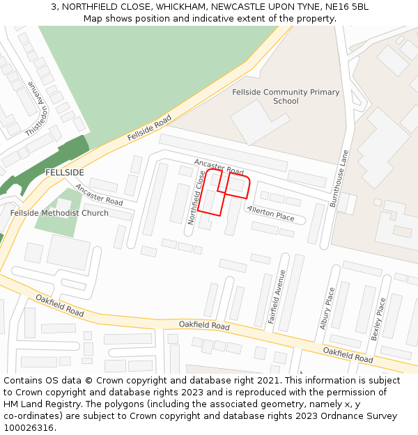3, NORTHFIELD CLOSE, WHICKHAM, NEWCASTLE UPON TYNE, NE16 5BL: Location map and indicative extent of plot