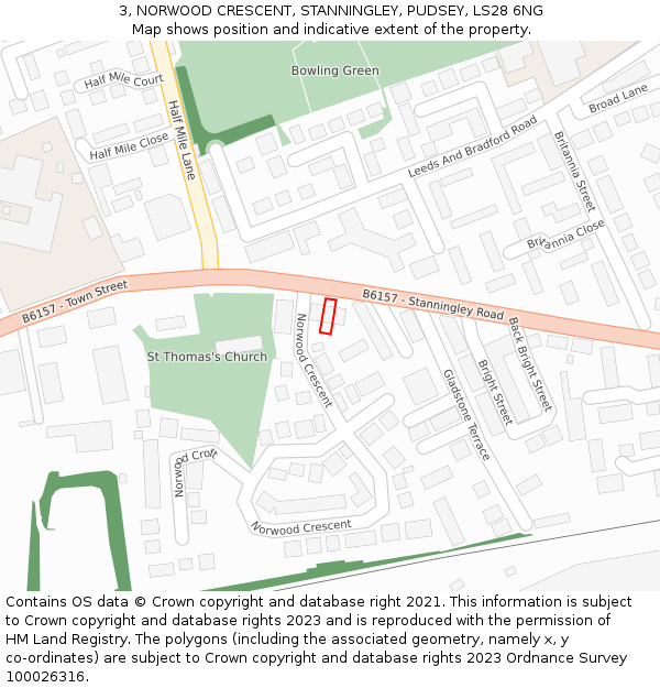 3, NORWOOD CRESCENT, STANNINGLEY, PUDSEY, LS28 6NG: Location map and indicative extent of plot