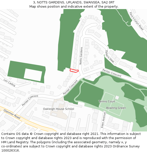 3, NOTTS GARDENS, UPLANDS, SWANSEA, SA2 0RT: Location map and indicative extent of plot