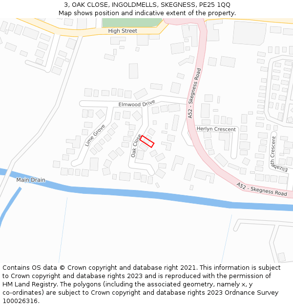 3, OAK CLOSE, INGOLDMELLS, SKEGNESS, PE25 1QQ: Location map and indicative extent of plot