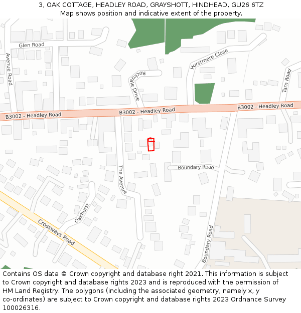 3, OAK COTTAGE, HEADLEY ROAD, GRAYSHOTT, HINDHEAD, GU26 6TZ: Location map and indicative extent of plot