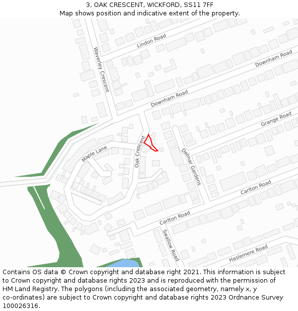 3, OAK CRESCENT, WICKFORD, SS11 7FF: Location map and indicative extent of plot