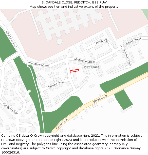 3, OAKDALE CLOSE, REDDITCH, B98 7UW: Location map and indicative extent of plot