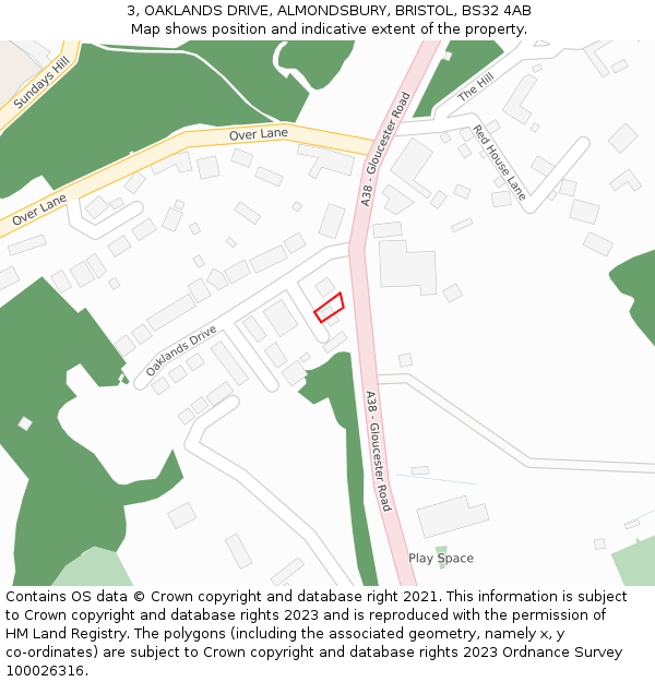 3, OAKLANDS DRIVE, ALMONDSBURY, BRISTOL, BS32 4AB: Location map and indicative extent of plot