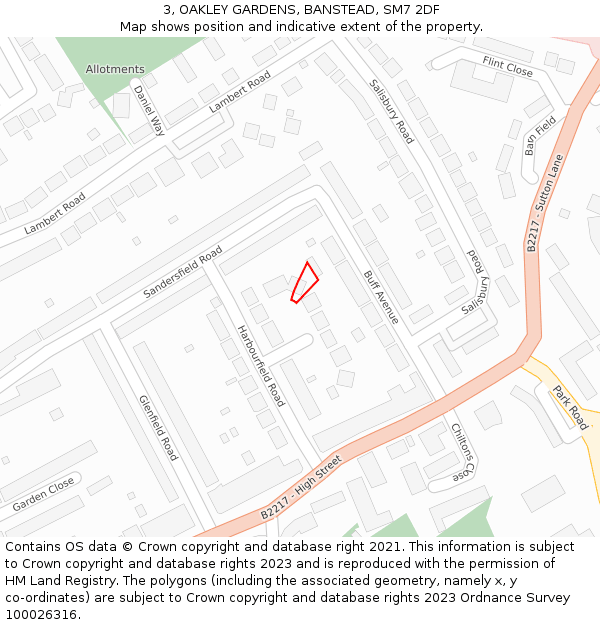 3, OAKLEY GARDENS, BANSTEAD, SM7 2DF: Location map and indicative extent of plot