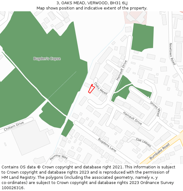 3, OAKS MEAD, VERWOOD, BH31 6LJ: Location map and indicative extent of plot