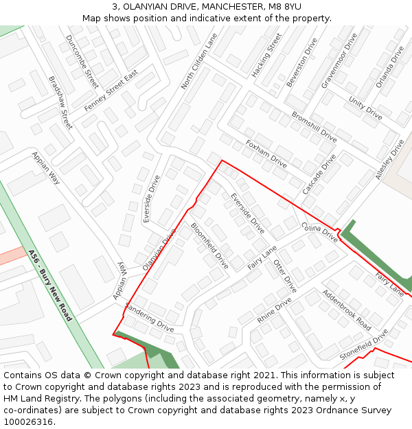 3, OLANYIAN DRIVE, MANCHESTER, M8 8YU: Location map and indicative extent of plot