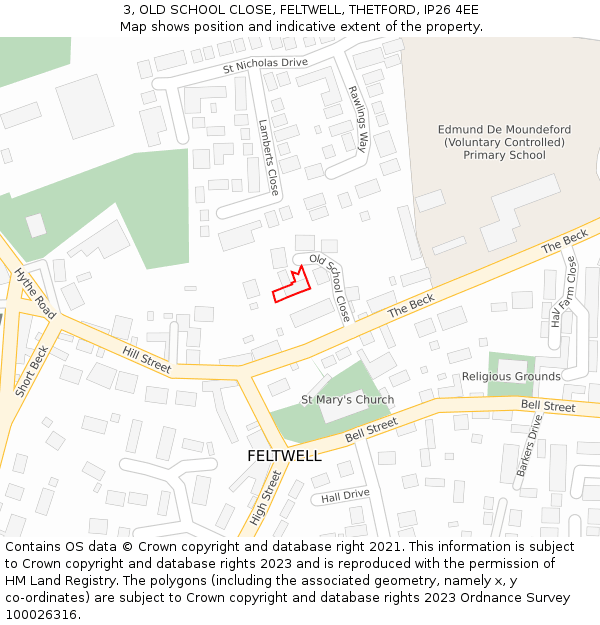 3, OLD SCHOOL CLOSE, FELTWELL, THETFORD, IP26 4EE: Location map and indicative extent of plot