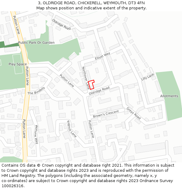 3, OLDRIDGE ROAD, CHICKERELL, WEYMOUTH, DT3 4FN: Location map and indicative extent of plot