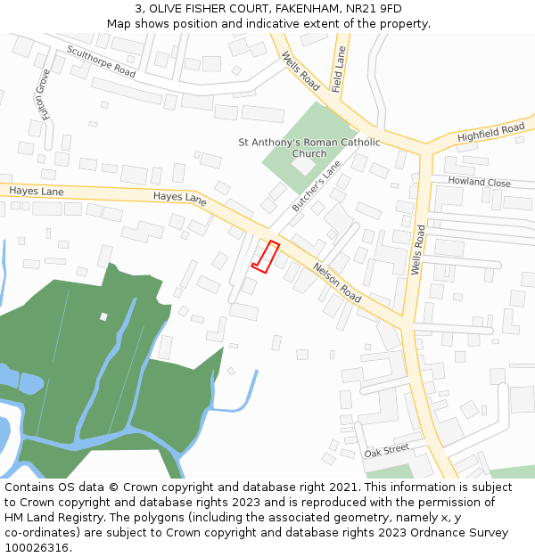 3, OLIVE FISHER COURT, FAKENHAM, NR21 9FD: Location map and indicative extent of plot