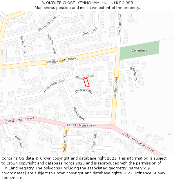 3, OMBLER CLOSE, KEYINGHAM, HULL, HU12 9SB: Location map and indicative extent of plot