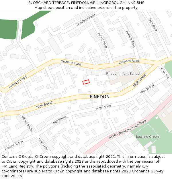 3, ORCHARD TERRACE, FINEDON, WELLINGBOROUGH, NN9 5HS: Location map and indicative extent of plot