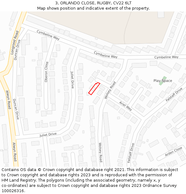 3, ORLANDO CLOSE, RUGBY, CV22 6LT: Location map and indicative extent of plot