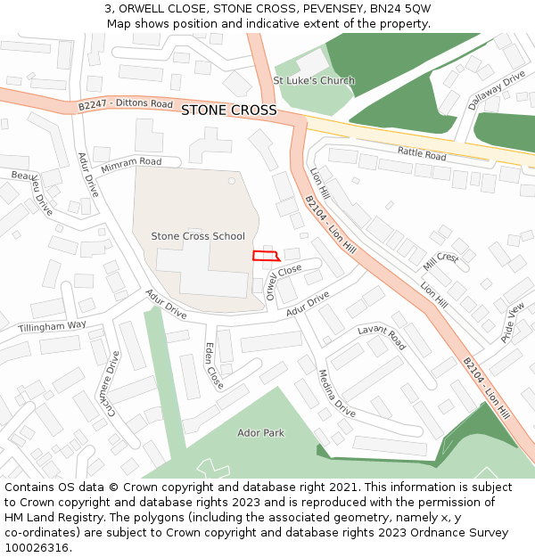 3, ORWELL CLOSE, STONE CROSS, PEVENSEY, BN24 5QW: Location map and indicative extent of plot