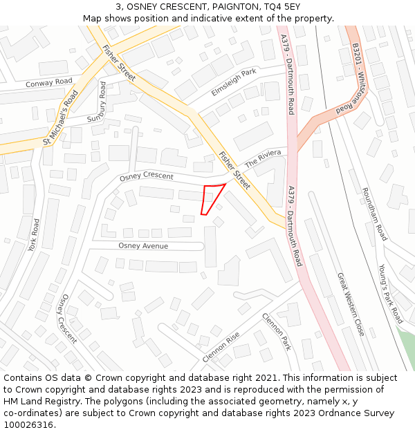 3, OSNEY CRESCENT, PAIGNTON, TQ4 5EY: Location map and indicative extent of plot