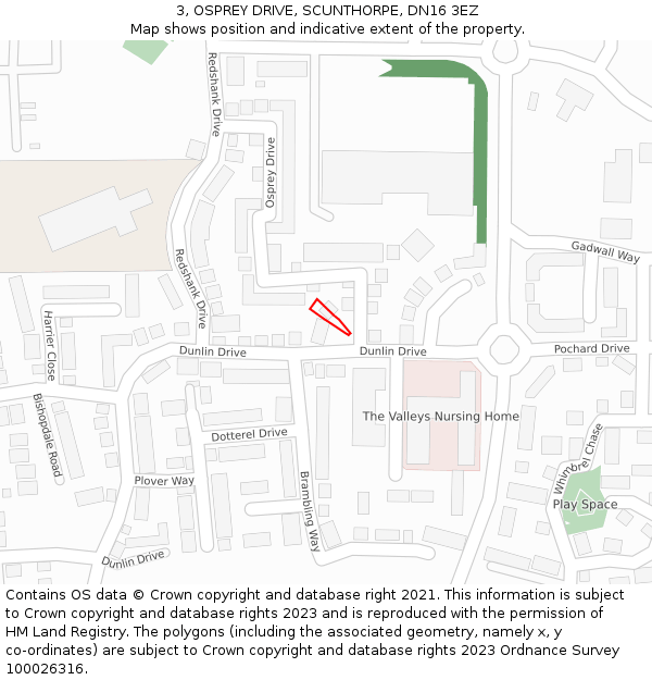 3, OSPREY DRIVE, SCUNTHORPE, DN16 3EZ: Location map and indicative extent of plot