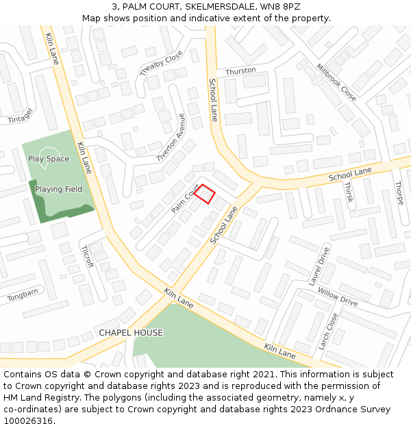 3, PALM COURT, SKELMERSDALE, WN8 8PZ: Location map and indicative extent of plot