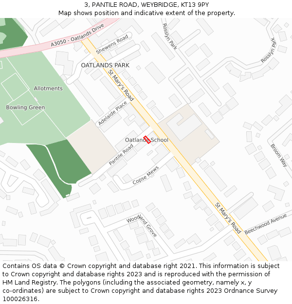 3, PANTILE ROAD, WEYBRIDGE, KT13 9PY: Location map and indicative extent of plot
