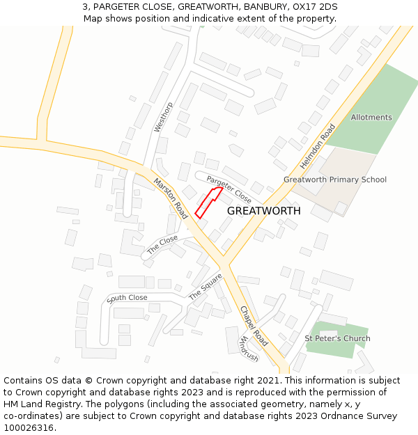 3, PARGETER CLOSE, GREATWORTH, BANBURY, OX17 2DS: Location map and indicative extent of plot