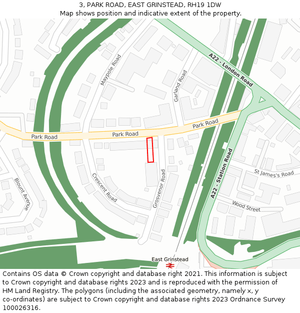 3, PARK ROAD, EAST GRINSTEAD, RH19 1DW: Location map and indicative extent of plot