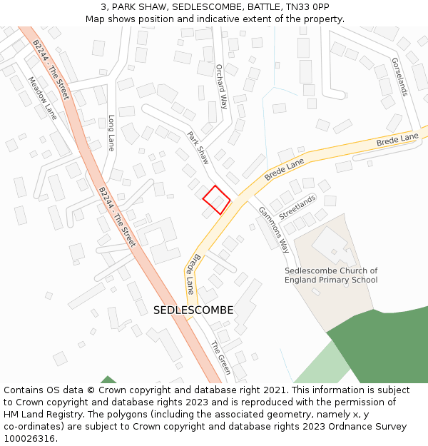 3, PARK SHAW, SEDLESCOMBE, BATTLE, TN33 0PP: Location map and indicative extent of plot