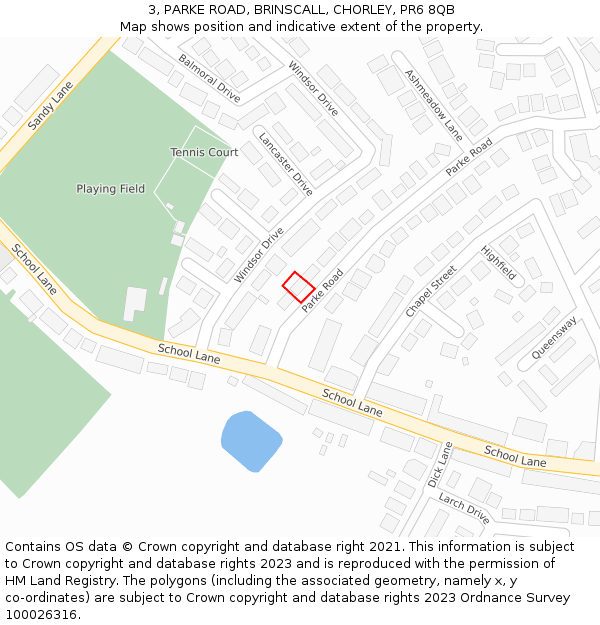 3, PARKE ROAD, BRINSCALL, CHORLEY, PR6 8QB: Location map and indicative extent of plot