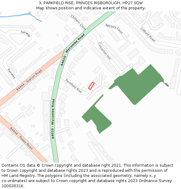 3, PARKFIELD RISE, PRINCES RISBOROUGH, HP27 0DW: Location map and indicative extent of plot