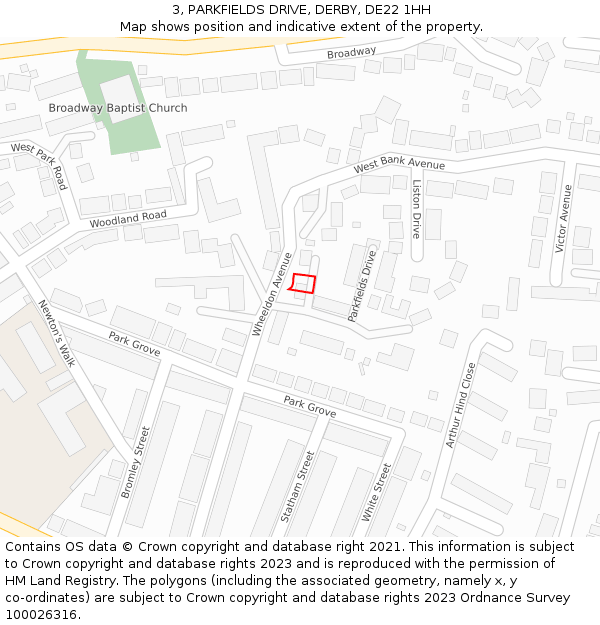 3, PARKFIELDS DRIVE, DERBY, DE22 1HH: Location map and indicative extent of plot