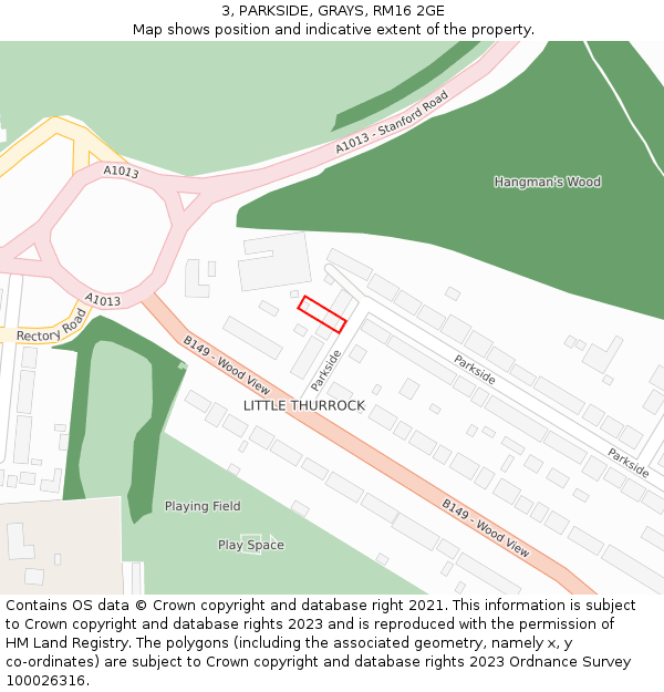 3, PARKSIDE, GRAYS, RM16 2GE: Location map and indicative extent of plot