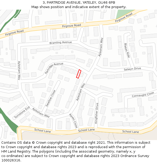 3, PARTRIDGE AVENUE, YATELEY, GU46 6PB: Location map and indicative extent of plot