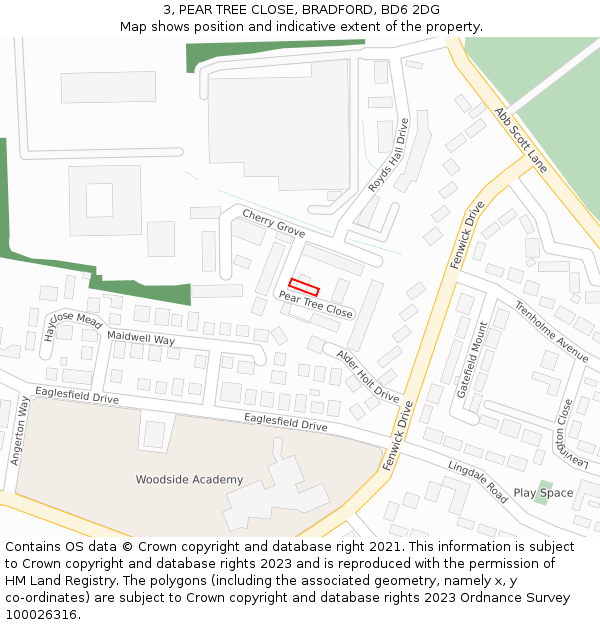 3, PEAR TREE CLOSE, BRADFORD, BD6 2DG: Location map and indicative extent of plot