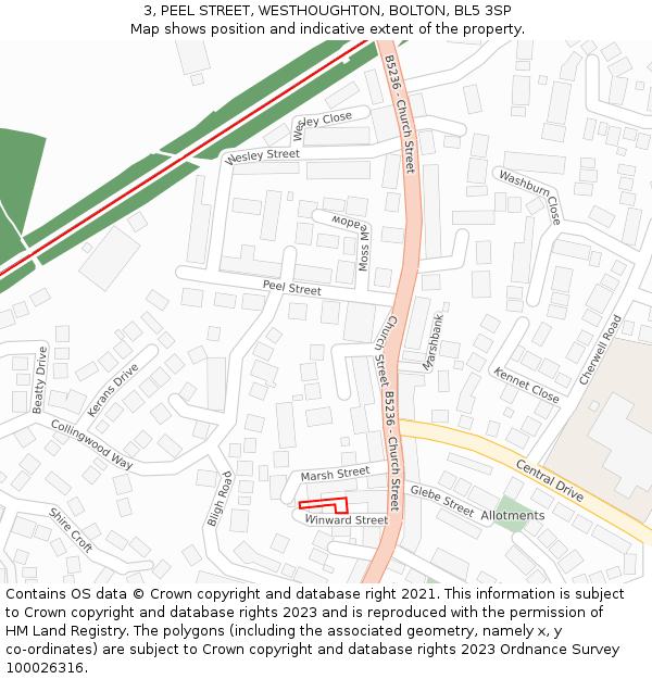 3, PEEL STREET, WESTHOUGHTON, BOLTON, BL5 3SP: Location map and indicative extent of plot