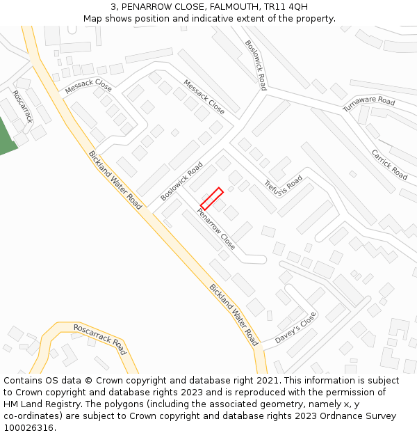 3, PENARROW CLOSE, FALMOUTH, TR11 4QH: Location map and indicative extent of plot