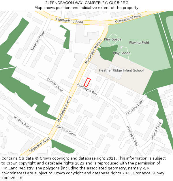 3, PENDRAGON WAY, CAMBERLEY, GU15 1BG: Location map and indicative extent of plot