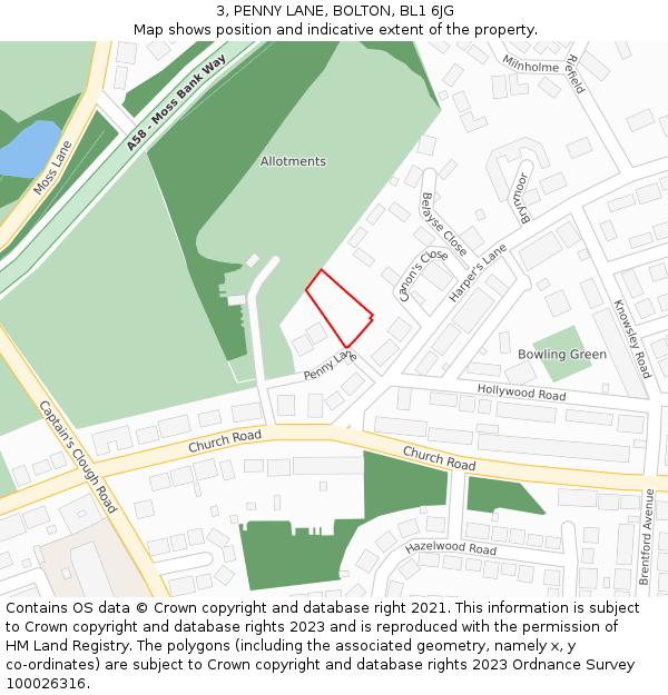 3, PENNY LANE, BOLTON, BL1 6JG: Location map and indicative extent of plot