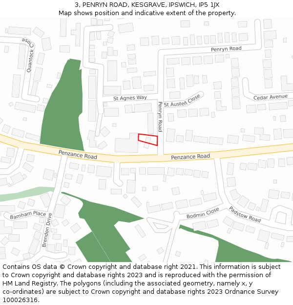 3, PENRYN ROAD, KESGRAVE, IPSWICH, IP5 1JX: Location map and indicative extent of plot