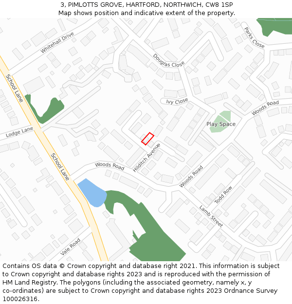 3, PIMLOTTS GROVE, HARTFORD, NORTHWICH, CW8 1SP: Location map and indicative extent of plot