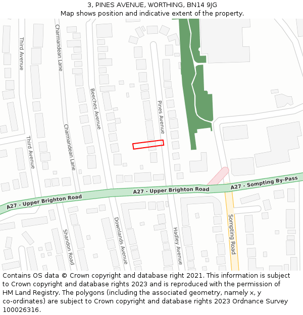 3, PINES AVENUE, WORTHING, BN14 9JG: Location map and indicative extent of plot