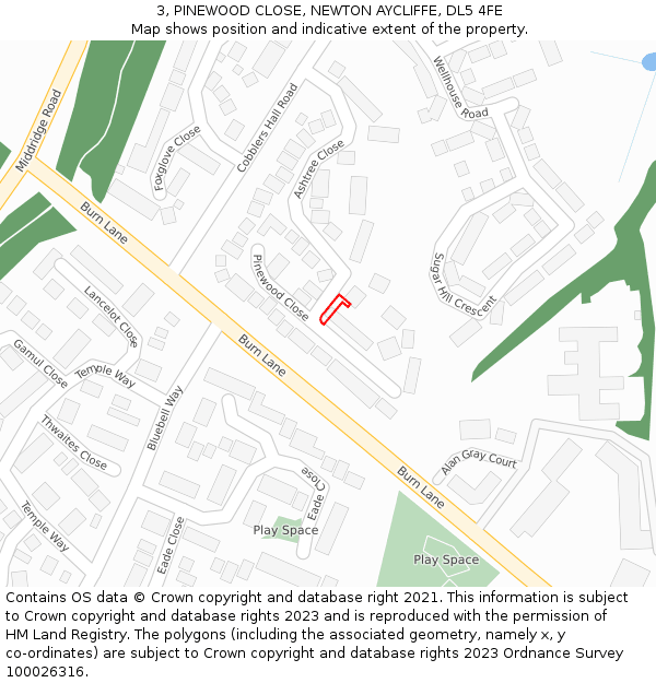 3, PINEWOOD CLOSE, NEWTON AYCLIFFE, DL5 4FE: Location map and indicative extent of plot