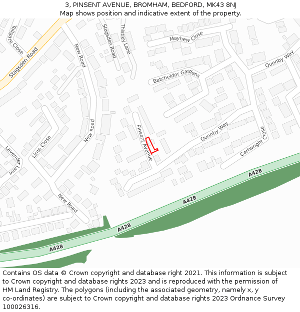 3, PINSENT AVENUE, BROMHAM, BEDFORD, MK43 8NJ: Location map and indicative extent of plot