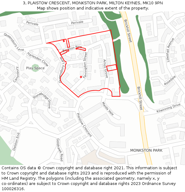 3, PLAISTOW CRESCENT, MONKSTON PARK, MILTON KEYNES, MK10 9PN: Location map and indicative extent of plot