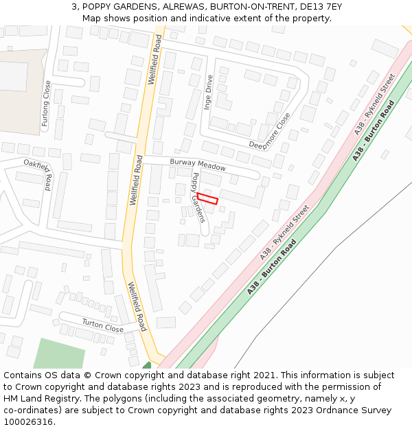 3, POPPY GARDENS, ALREWAS, BURTON-ON-TRENT, DE13 7EY: Location map and indicative extent of plot