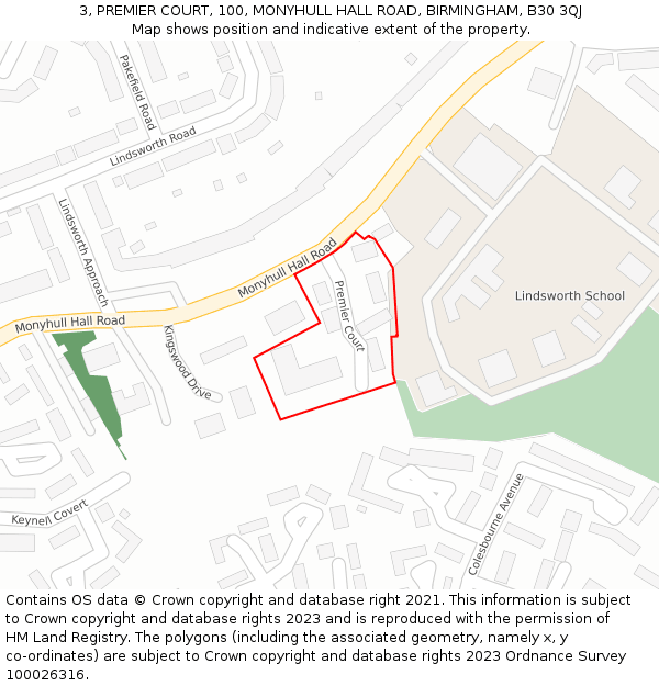 3, PREMIER COURT, 100, MONYHULL HALL ROAD, BIRMINGHAM, B30 3QJ: Location map and indicative extent of plot